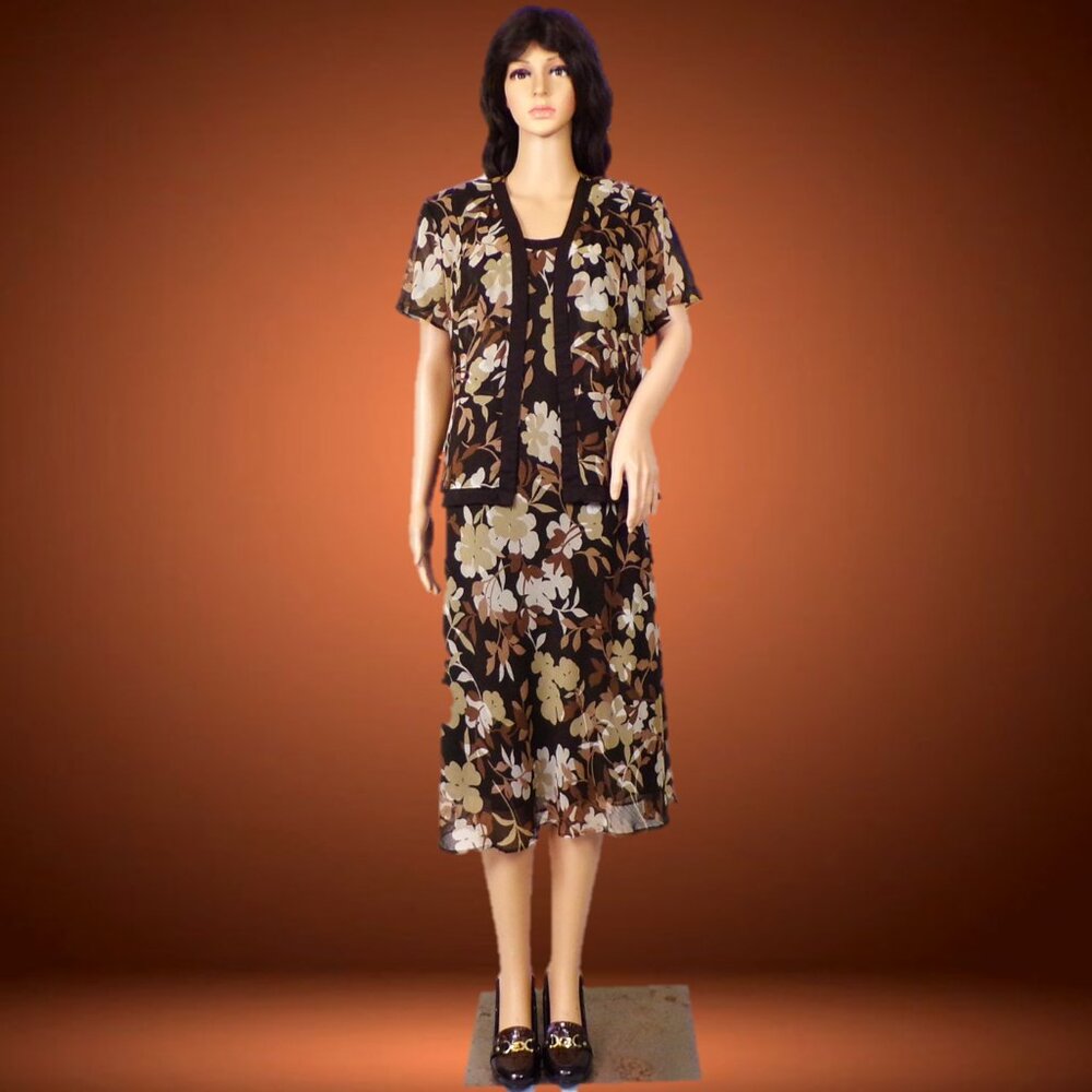 STUDIO I PETITE size 14P brown/beige/buff 2-piece set dress/blouse 100% polyestr